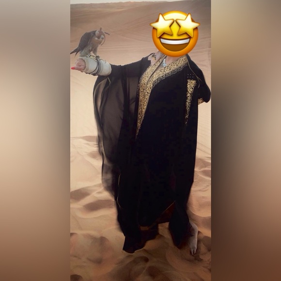 Black and Gold embroidered Women's Cloak hooded Dubai Arabic kimono Abaya (#3) - Picture 2 of 11